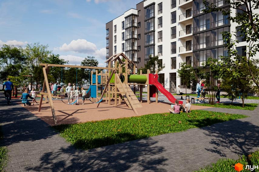 Житловий комплекс Green House Калинів: багатоповерховий будинок з білим та темно-сірим фасадом. На прибудинковій території дитячий майданчик, газони та дерева.