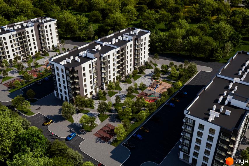 Житловий комплекс Green House Калинів: багатоповерхові будинки з білими та темно-сірими фасадами, оточені деревами, дитячими майданчиками та парковками.