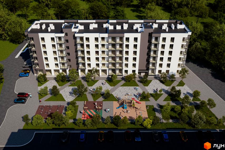 Житловий комплекс Green House Калинів має багатоповерховий будинок з білими та темно-сірими фасадами, балконами. Навколо розташовані дитячі майданчики, зелені насадження та парковки.