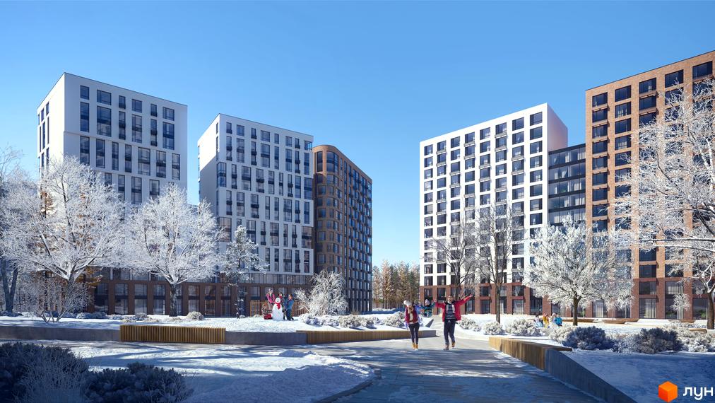 Житловий комплекс LUCKY LAND: багатоповерхові будинки світлих та цегляних відтінків, засніжена прибудинкова територія з деревами та людьми.