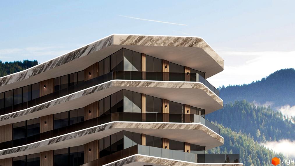 Багаторівневий фасад ZAGRAVA Villas & Residence з хвилястими терасами, панорамними вікнами та дерев'яними вставками. На тлі гір, вкритих лісом.
