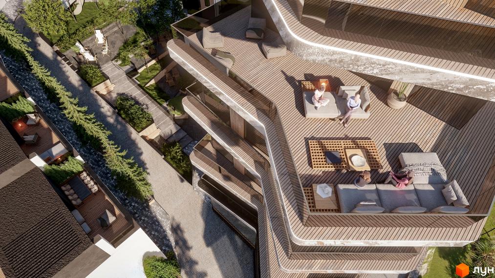 Багаторівневі тераси ZAGRAVA Villas & Residence з дерев'яним покриттям та хвилястим дизайном. Прибудинкова територія має зелені зони з доріжками.