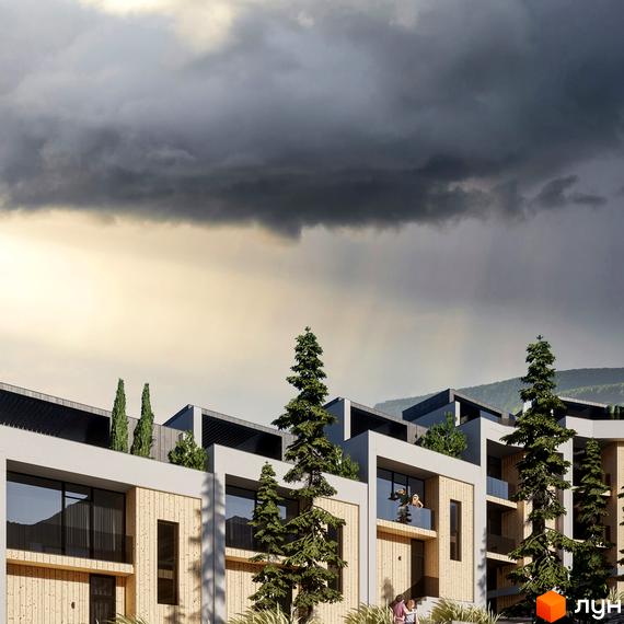 ZAGRAVA Villas & Residence: будинки з дерев'яними фасадами та великими вікнами, оточені хвойними деревами та горами.