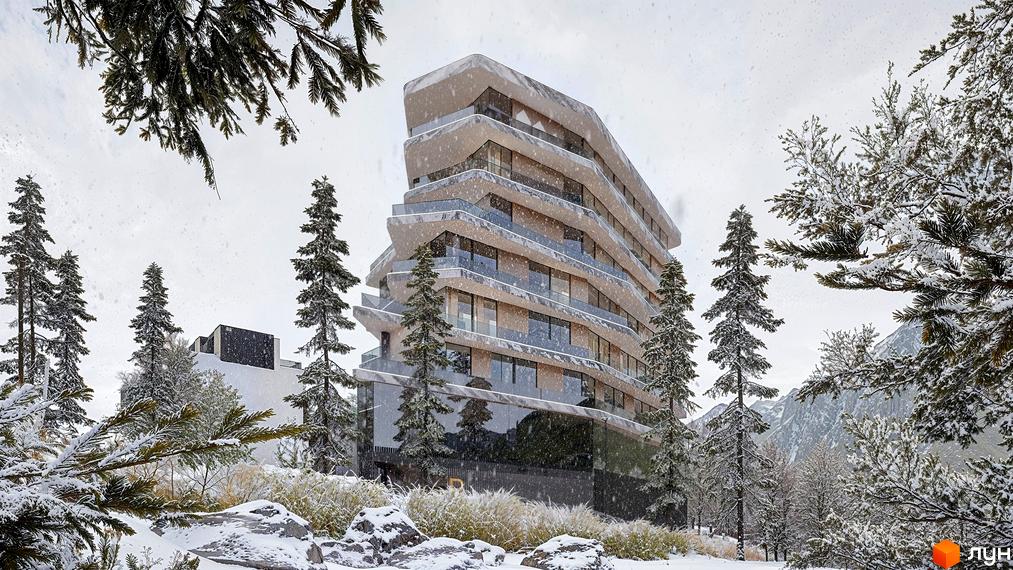Багатоповерховий будинок ZAGRAVA Villas & Residence з вигнутими терасами та скляними фасадами, оточений засніженими деревами та гірським пейзажем під час снігопаду.