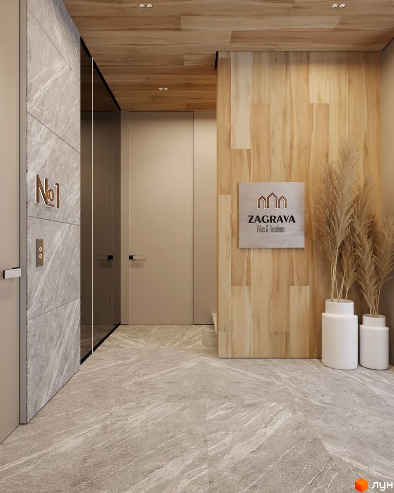Лобі житлового комплексу ZAGRAVA Villas & Residence з підлогою під мармур, дерев'яними панелями на стінах та стелі, та декоративними рослинами.