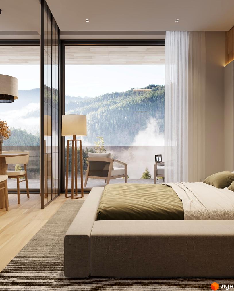 ZAGRAVA Villas & Residence: спальня з панорамними вікнами, що відкривають вид на лісисті гори, оповиті туманом.