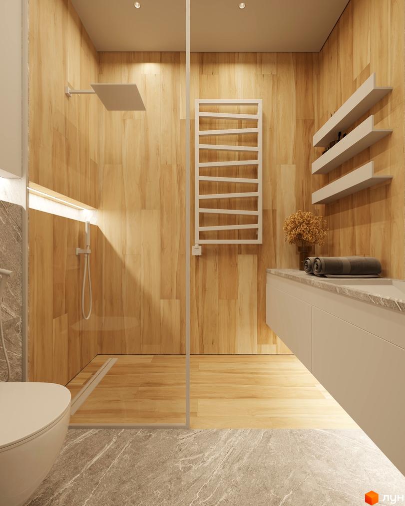 Ванна кімната в ZAGRAVA Villas & Residence з оздобленням під дерево, душовою кабіною, білою тумбою та полицями.