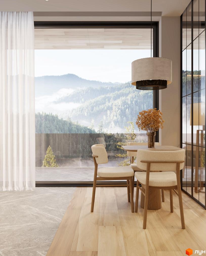 Панорамні вікна Житлового комплексу ZAGRAVA Villas & Residence відкривають краєвид на гірський ліс, оповитий туманом. Обідня зона має дерев'яну підлогу та світлі меблі.