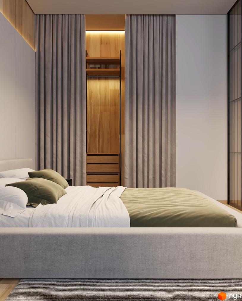 Інтер'єр спальні в ZAGRAVA Villas & Residence: ліжко з текстильною оббивкою, сірі штори, дерев'яна гардеробна з підсвічуванням.