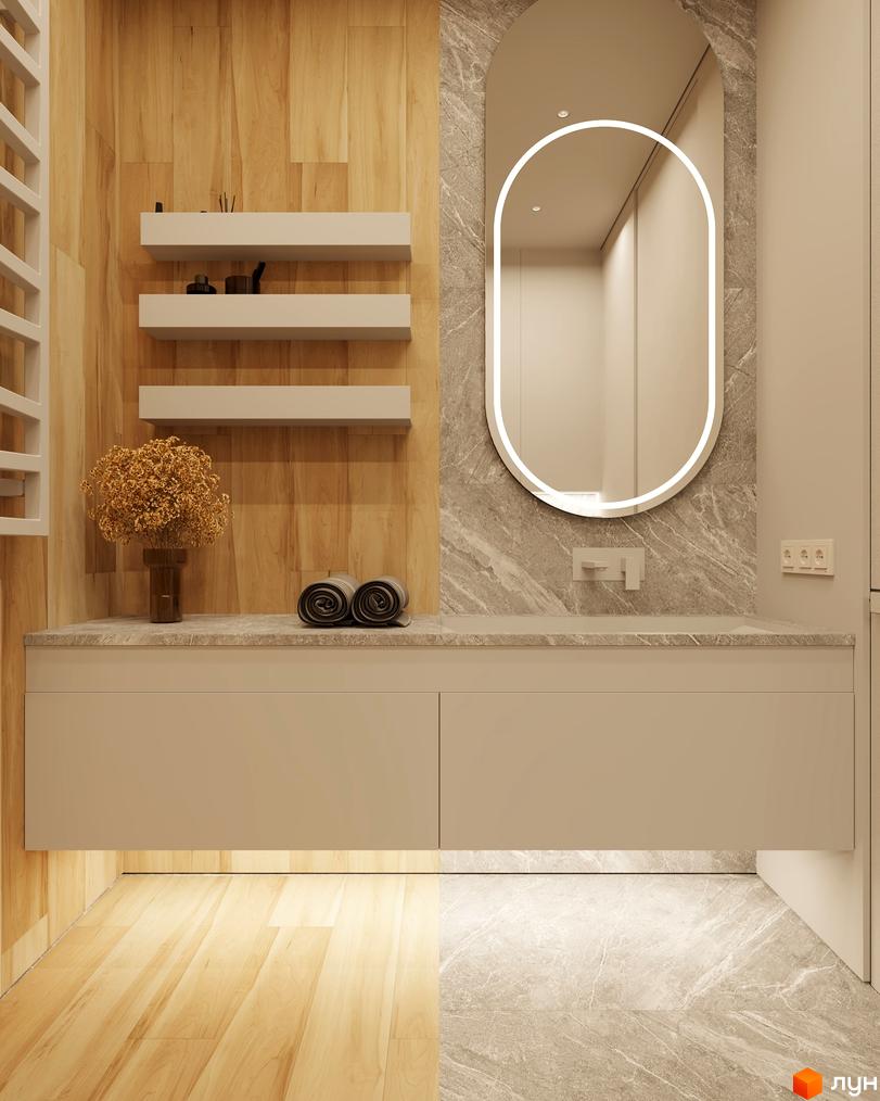 Ванна кімната в ZAGRAVA Villas & Residence з дерев'яними панелями, мармуровою плиткою, дзеркалом з підсвічуванням та тумбою.