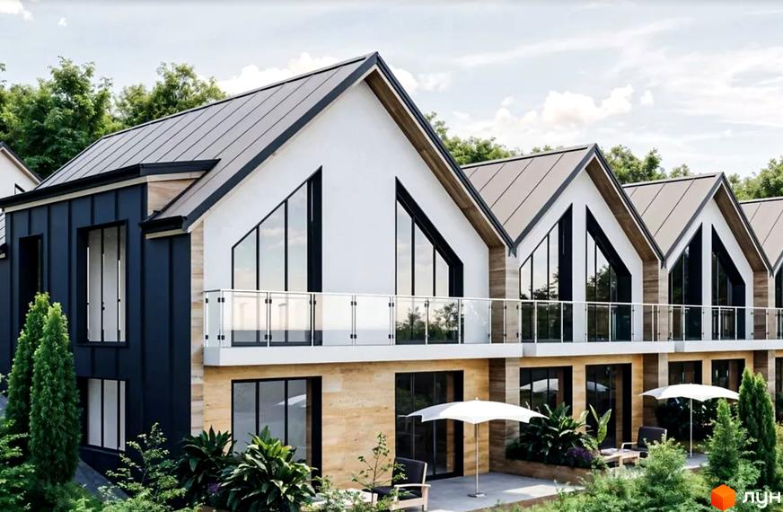 Таунхауси River Stone: ряд будинків з білими фасадами, темними дахами, великими вікнами, скляними балконами та озелененою територією.