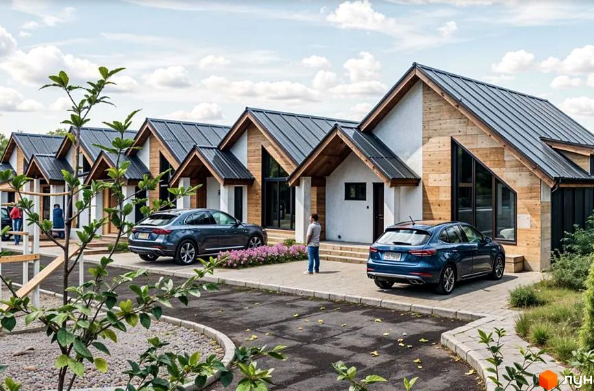 Ряд таунхаусів River Stone з дерев'яними фасадами та темними дахами. Перед будинками доріжки, зелені насадження та припарковані автомобілі.