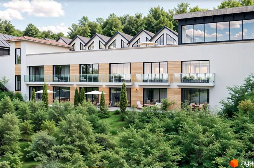 Таунхауси River Stone. Багаторівнева будівля з білими фасадами, дерев'яними вставками, великими вікнами та скляними балконами, оточена зеленню.