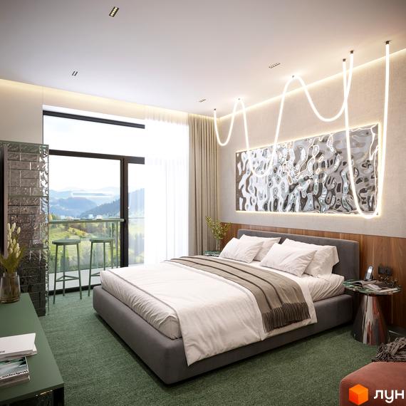 Спальня в Комплексі KARDAMON RESORT & SPA з панорамним вікном та видом на гірський ландшафт.