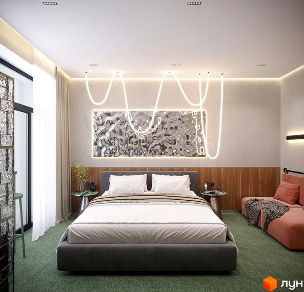 Інтер'єр спальні в Апарт-комплексі KARDAMON RESORT & SPA: кімната з ліжком, зеленим килимом та декоративною стіною.