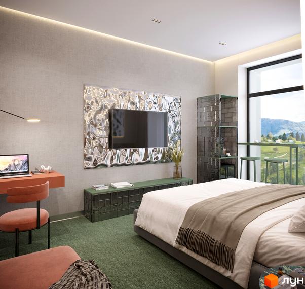 Апарт-комплекс KARDAMON RESORT & SPA: інтер'єр спальні з ліжком, робочим столом та панорамним видом на гори.