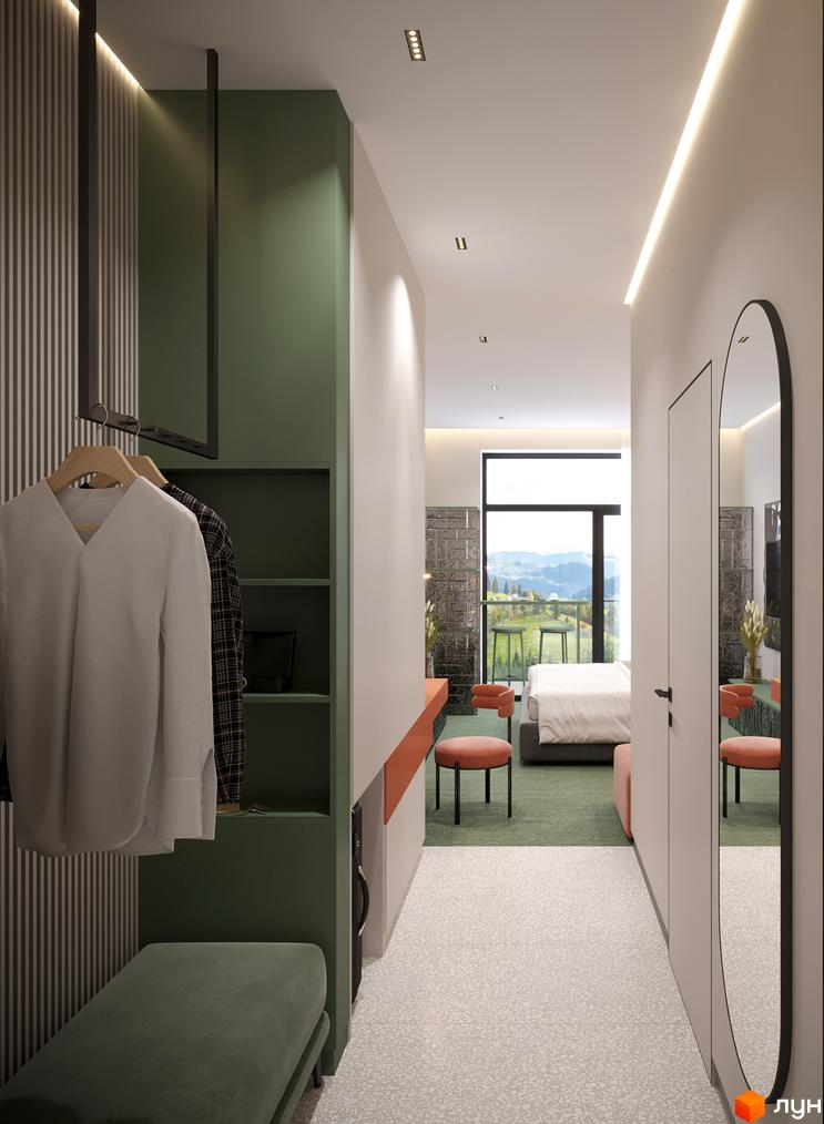 Інтер'єр апартаментів KARDAMON RESORT & SPA: передпокій та спальня з великим вікном, що виходить на гірський ландшафт.