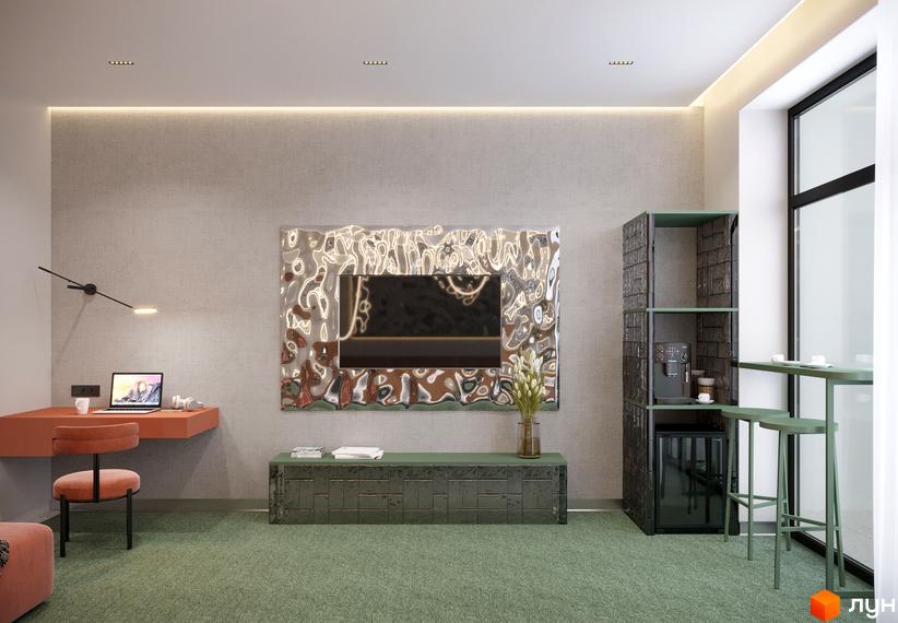 Інтер'єр апартаментів Апарт-комплекс KARDAMON RESORT & SPA з робочою зоною, телевізором та міні-баром.