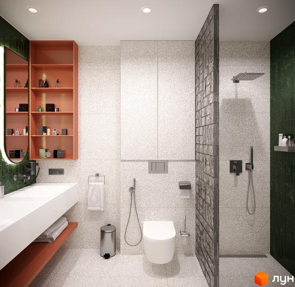 Ванна кімната в Апарт-комплексі KARDAMON RESORT & SPA з білою сантехнікою, помаранчевими полицями та зеленими акцентними стінами.