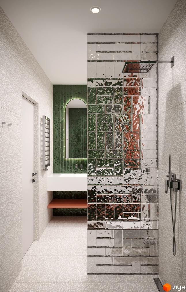 Ванна кімната в Апарт-комплексі KARDAMON RESORT & SPA з зеленими плитками, рельєфними дзеркальними елементами та світлими стінами.