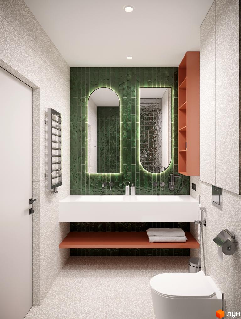 Ванна кімната в Апарт-комплекс KARDAMON RESORT & SPA з зеленими плитковими стінами, двома дзеркалами з підсвічуванням та білою сантехнікою.