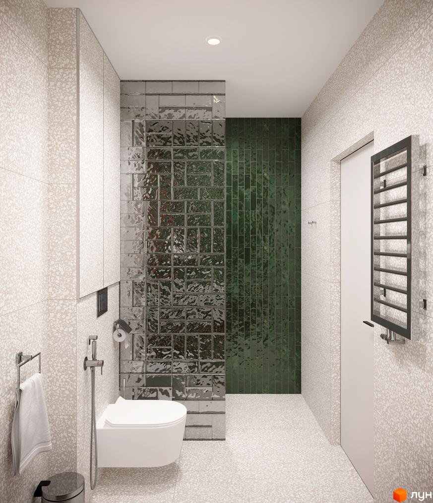 Інтер'єр ванної кімнати в Апарт-комплексі KARDAMON RESORT & SPA з тераццо плиткою, стіною з рельєфної плитки та підвісним унітазом.