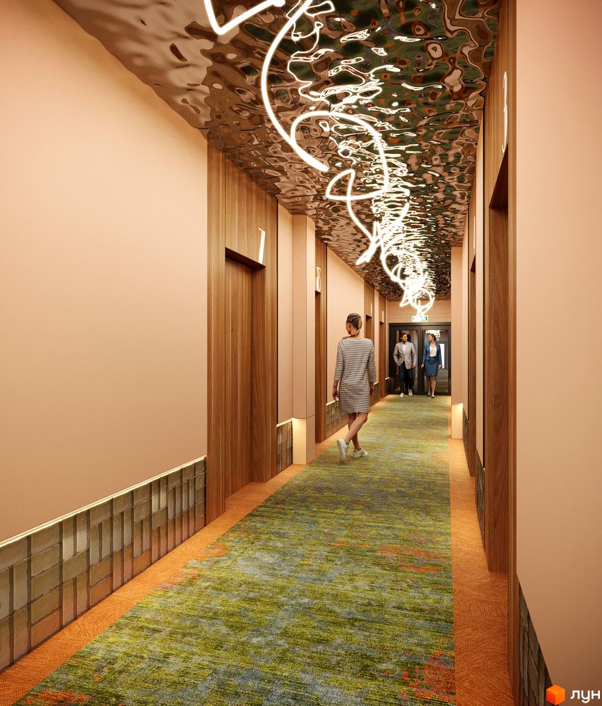Коридор апарт-комплексу KARDAMON RESORT & SPA з дерев'яними дверима, зеленим килимом та дзеркальною стелею з підсвічуванням.