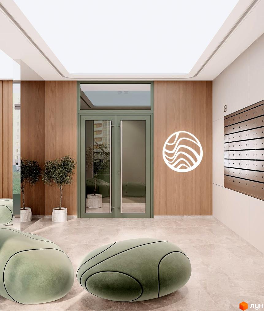 Вхідна група Житлового комплексу Медовий з дерев'яними стінами, скляними дверима та м'якими пуфами. Через двері видно частину прибудинкової території.