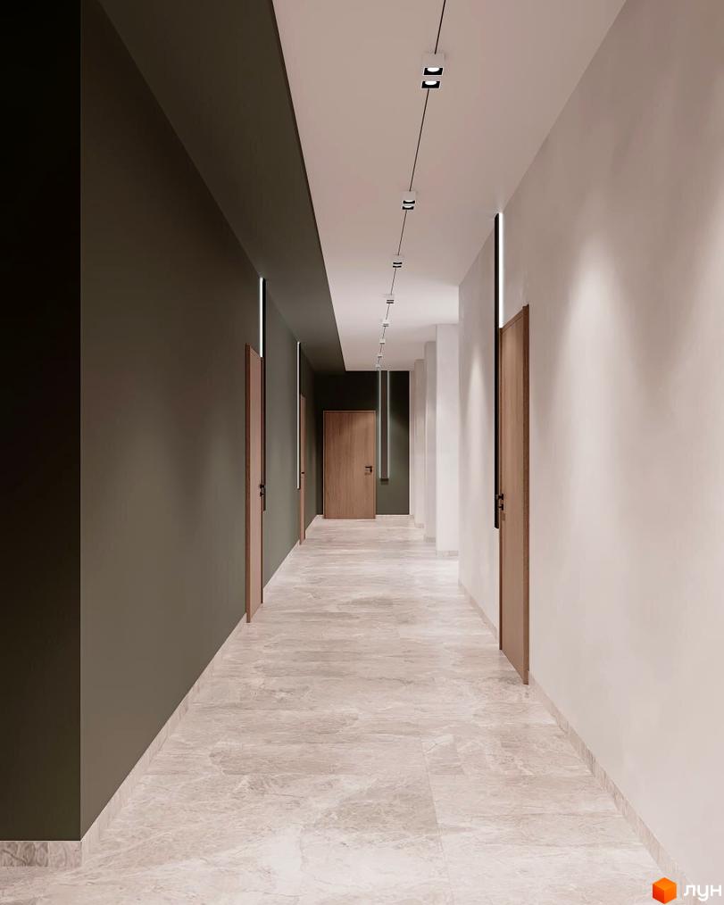 Дизайн інтер'єру коридору в Житловому комплексі Медовий. Довгий хол з мармуровими плитами, дерев'яними дверима, трековим та лінійним освітленням.