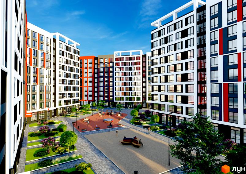 Житловий комплекс Happy Seven: багатоповерхові будинки білого, чорного, сірого та помаранчевого кольорів. Внутрішній двір з доріжками, зеленими насадженнями та зонами відпочинку.
