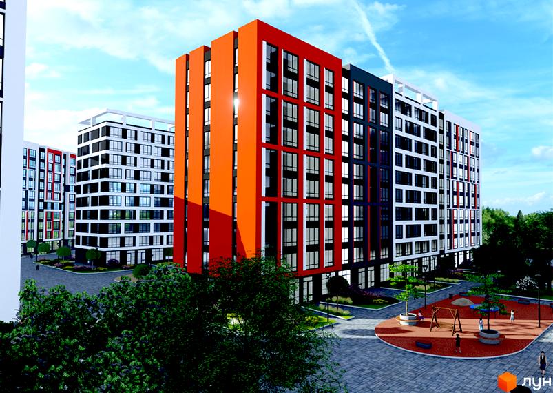 Житловий комплекс Happy Seven з багатоповерховими будинками яскравих кольорів та великими вікнами. На прибудинковій території розташований дитячий майданчик та зелені насадження.