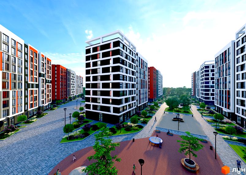 Житловий комплекс Happy Seven: багатоповерхові будинки з білими, чорними, червоними та сірими фасадами, доглянута прибудинкова територія з зеленими насадженнями та дитячим майданчиком.