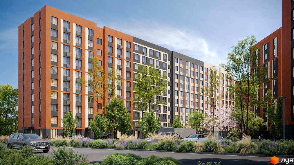 Житловий комплекс Happy 7 з багатоповерховими будинками теракотового, сірого та бежевого кольорів. Навколо зелені дерева, кущі та квіти.