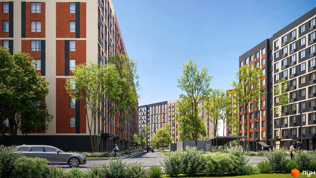 Житловий комплекс Happy 7: будинки з фасадами теракотового, світло-бежевого та темно-сірого кольорів, оточені зеленими деревами та кущами.