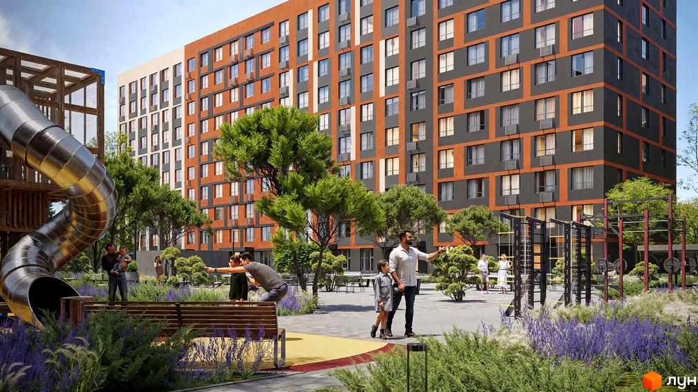 Багатоповерховий будинок Житлового комплексу Happy 7 з темно-сірим та помаранчевим фасадом. Прибудинкова територія облаштована дитячим майданчиком, спортивними зонами та зеленню.