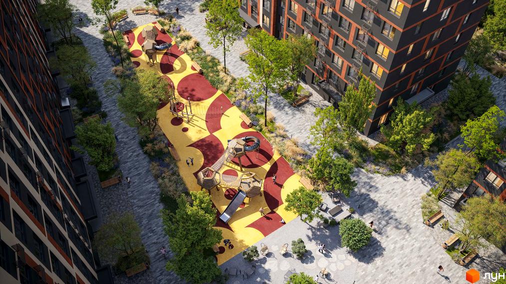 Новобудова Happy 7 з темним фасадом та помаранчевими акцентами. На прибудинковій території розташований яскравий дитячий майданчик та зелені насадження.