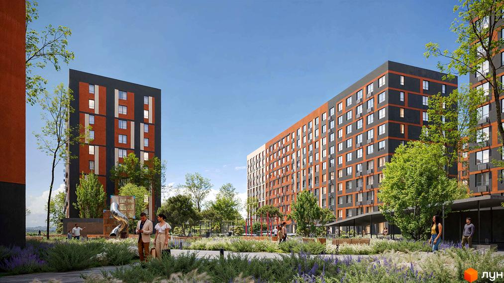 Багатоповерхові будинки Житлового комплексу Happy 7 з темно-сірими фасадами та помаранчевими вставками. Прибудинкова територія облаштована зеленню та місцями для відпочинку.