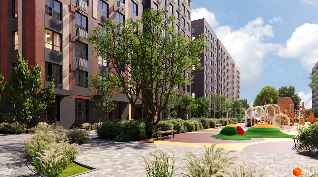 Житловий комплекс Happy 7: багатоповерхові будинки з темно-сірими та червоними фасадами, доглянутий двір з ігровим майданчиком.
