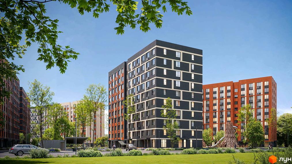 Житловий комплекс Happy 7: багатоповерхові будинки темно-сірого та помаранчевого кольорів, зелені газони, дерева та дитячий майданчик.