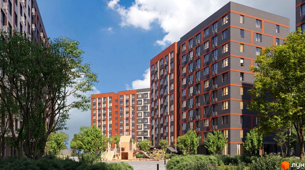 Житловий комплекс Happy 7: багатоповерхові будинки з контрастними сірими та помаранчевими фасадами, оточені зеленими деревами та дитячим майданчиком.