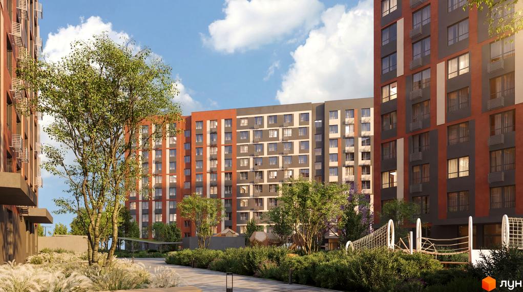 Житловий комплекс Happy 7. Багатоповерхові будинки з червоно-сірими фасадами та зелена прибудинкова територія з деревами і дитячим майданчиком.