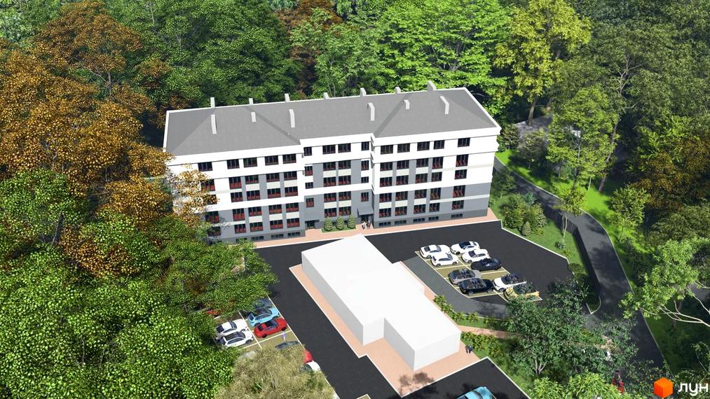 Житловий комплекс Comfort Hall: багатоповерховий будинок з сірим дахом, біло-сірим фасадом та вікнами. Навколо зелені дерева, паркінг з автомобілями.