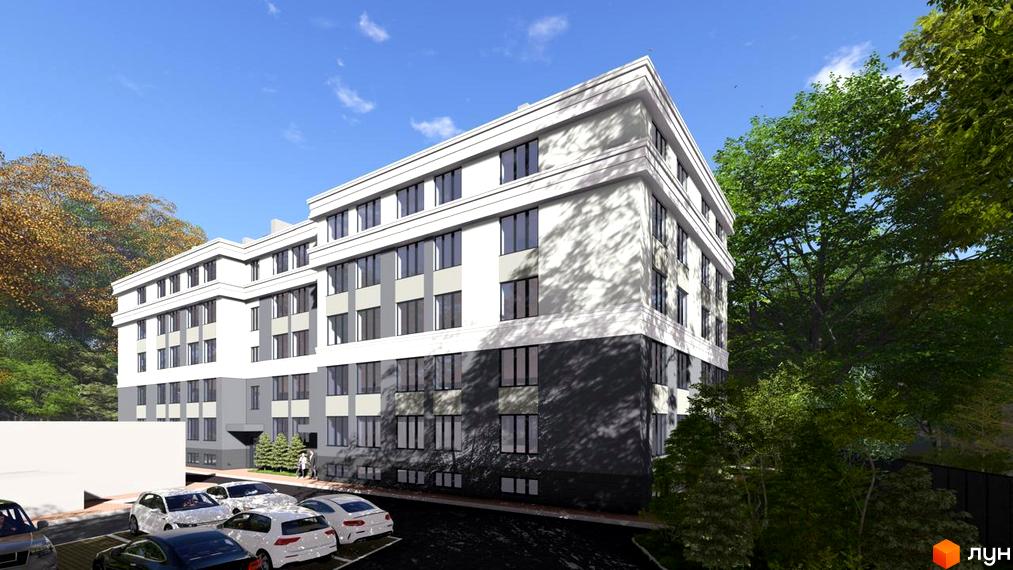 Житловий комплекс Comfort Hall: багатоповерховий будинок з білими верхніми поверхами та темною основою, поруч парковка та зелені насадження.