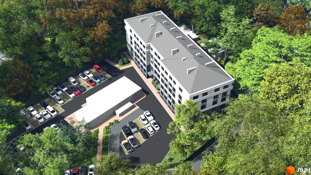 Житловий комплекс Comfort Hall: білий багатоповерховий будинок з сірим дахом, оточений густим лісом та парковками з автомобілями.