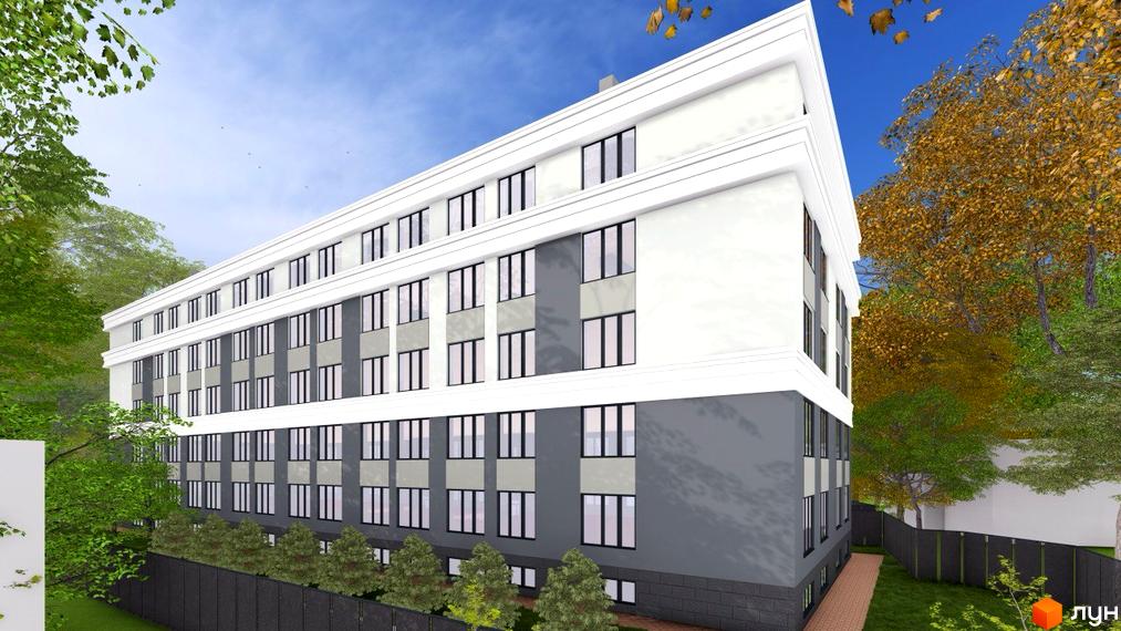 Житловий комплекс Comfort Hall має чотириповерховий будинок з біло-сірим фасадом та численними вікнами. Навколо зелені насадження, огорожа та брукована доріжка.