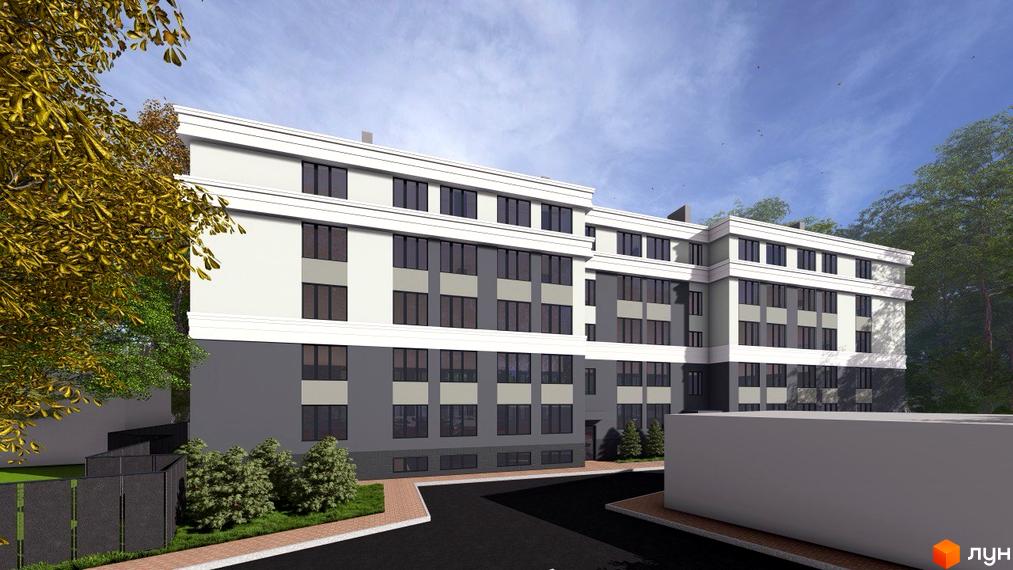 Житловий комплекс Comfort Hall. Багатоповерховий будинок зі світлим фасадом та великими вікнами, оточений зеленню та доріжками.