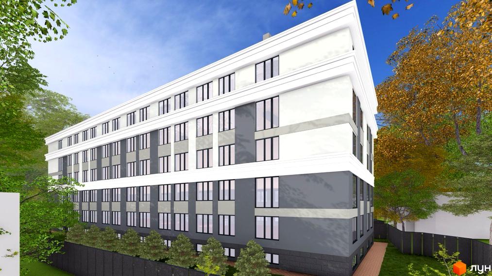 Житловий комплекс Comfort Hall з біло-сірим фасадом та багатьма вікнами. Навколо будинку зелені дерева, кущі та огорожа.