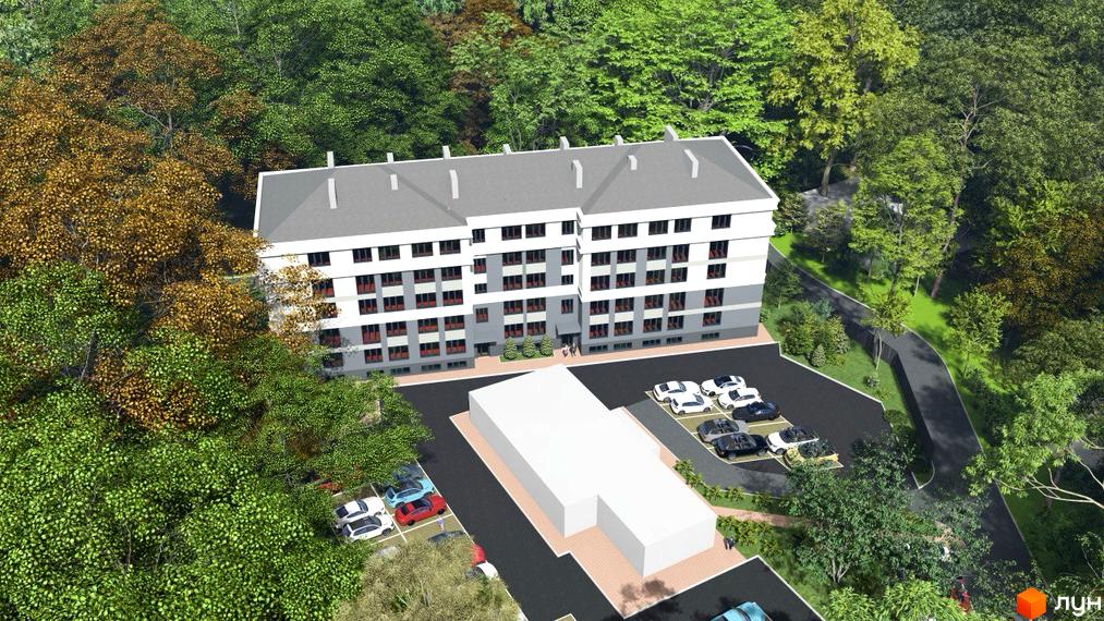 Новобудова Comfort Hall: багатоповерховий будинок з біло-сірим фасадом та сірим дахом, розташований серед густих дерев з парковками.