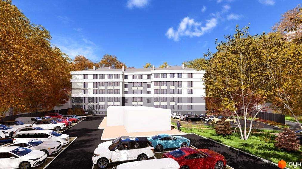 Житловий комплекс Comfort Hall. Багатосекційний будинок біло-сірого кольору з численними вікнами, оточений парковкою та осінніми деревами.