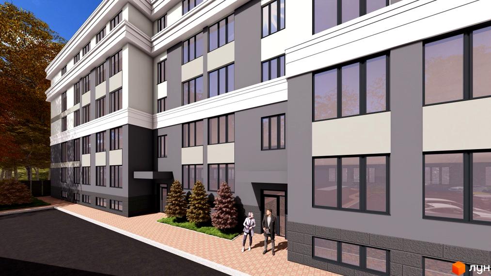 Житловий комплекс Comfort Hall: багатоповерховий будинок сірих відтінків з білими елементами та великими вікнами. Поруч бруківка, зелені насадження та дорога.